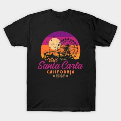 Black "Visit Santa Carla" graphic T-shirt with sunset theme, ferris wheel design, casual wear, cotton blend material.