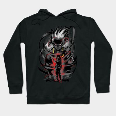 Black graphic hoodie with dynamic anime design, featuring bold colors, perfect for casual wear and anime fans.
