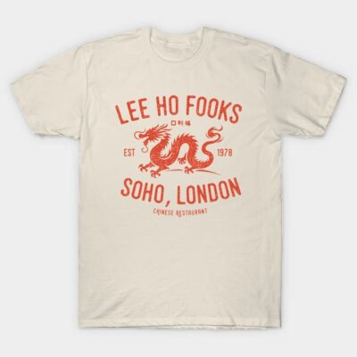 Cream T-shirt with red dragon print, featuring "Lee Ho Fooks" and "Soho, London" text, casual cotton style.