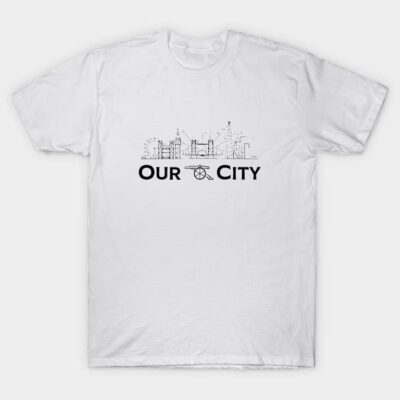White "Our City" t-shirt featuring cityscape design, casual style, cotton material, ideal for everyday wear.