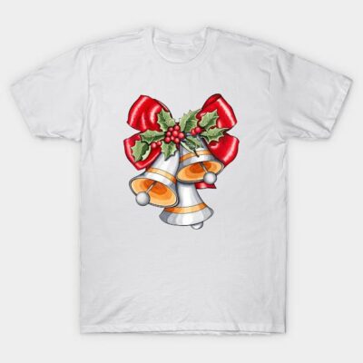 White Christmas T-shirt with festive bells design, featuring red ribbon and holly, perfect for holiday celebrations.