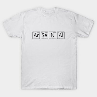 White Arsenal-themed T-shirt with periodic table design, casual cotton tee for fans.