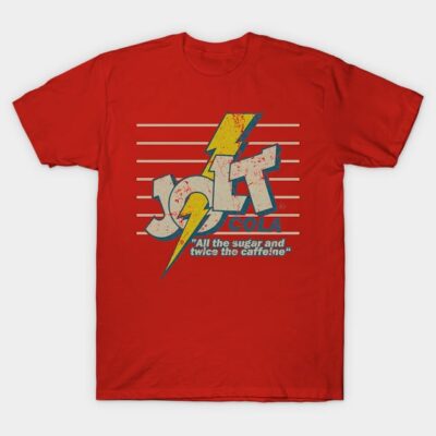 Red retro graphic tee with bold logo and striped design, perfect for casual wear, made from soft cotton blend.