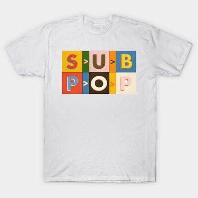 White t-shirt with colorful "SUB POP" graphic design, casual style, unisex, 100% cotton, ideal for everyday wear.