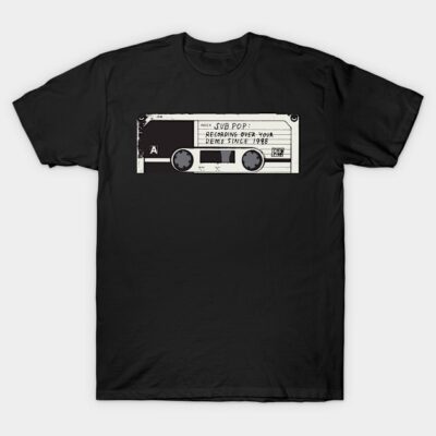 Black T-shirt with vintage cassette tape graphic, casual style, cotton material, perfect for music enthusiasts.