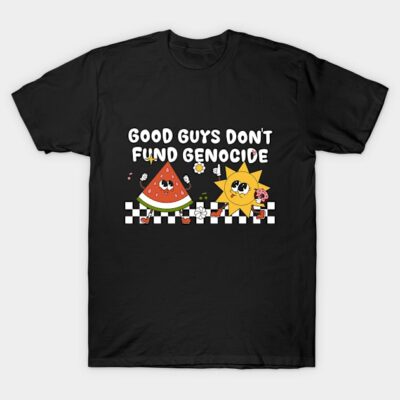 Black graphic T-shirt with bold text and colorful cartoon illustrations, casual style, cotton material.