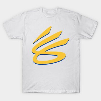 White cotton t-shirt with bold yellow and blue abstract design, casual wear, unisex style.