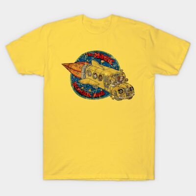 Yellow cotton T-shirt featuring a vintage spaceship bus graphic, ideal for casual wear and space enthusiasts.