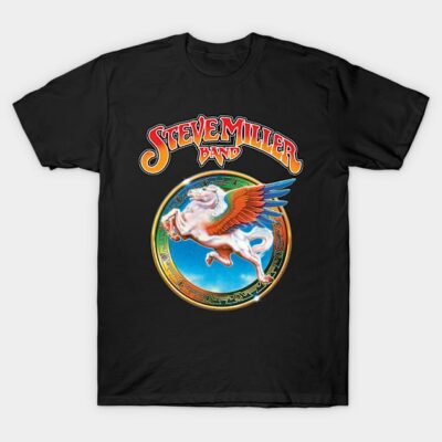 Black graphic t-shirt with colorful band logo and winged horse design, perfect for casual wear and music fans.