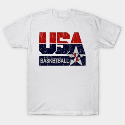 White USA Basketball t-shirt with vintage design, red and blue text, star graphic, casual sportswear cotton tee.