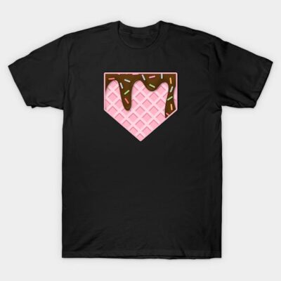 Black t-shirt with pink waffle and chocolate design, casual style, cotton material, unisex fashion apparel.