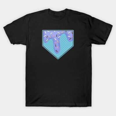 Black t-shirt with a colorful ice cream design featuring sprinkles and waffle texture, casual style, cotton material.