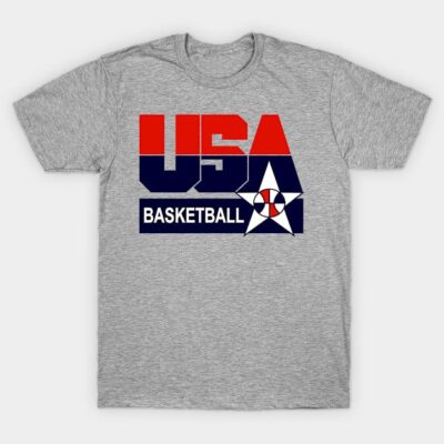 Gray USA Basketball T-shirt with red, white, and blue design, casual style, ideal for sports fans, cotton material.