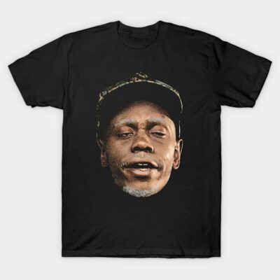 Black graphic T-shirt with abstract face design, casual style, cotton material, unisex wear.