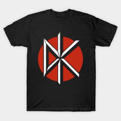 Black t-shirt with bold white geometric design over red circle, casual style, cotton fabric, unisex, graphic print.