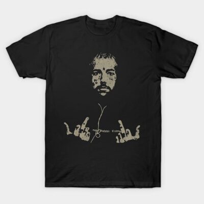 Black graphic t-shirt featuring abstract white print design, casual style, cotton material, ideal for everyday wear.