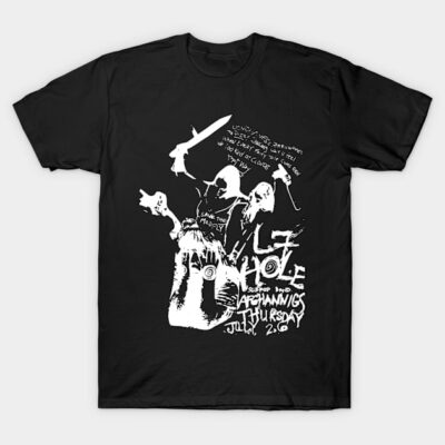 Black graphic t-shirt with bold white abstract design, ideal for casual wear, made from soft cotton material.