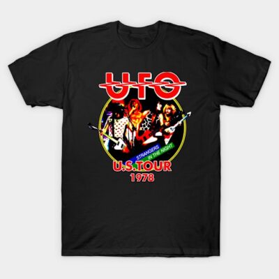 Black t-shirt with retro band tour print, colorful graphics, 1978 theme, ideal for music lovers and vintage style fans.