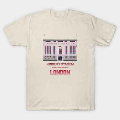 Cream t-shirt featuring a graphic of Highbury Stadium, London, ideal for sports fans. 100% cotton, casual wear.