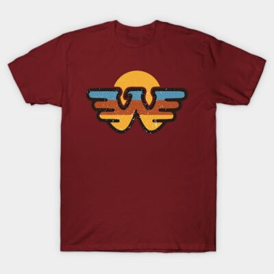 Maroon t-shirt with retro sunset eagle design, short-sleeve, casual wear, soft cotton fabric.