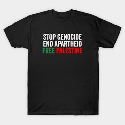 Black cotton T-shirt with bold text design, promoting a message in white, green, and red. Casual and comfortable fit.