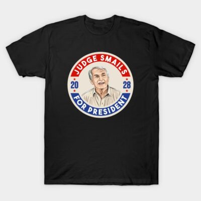 Black cotton t-shirt with vintage-style campaign design, featuring a humorous graphic and "Judge Smails for President" text.