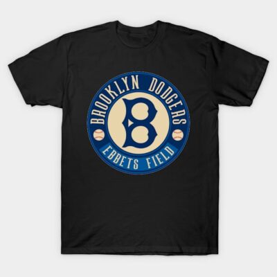 Black T-shirt featuring vintage Brooklyn Dodgers Ebbets Field logo, ideal for baseball fans, 100% cotton.