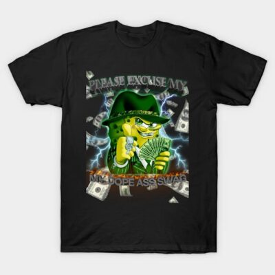 Black graphic t-shirt featuring cartoon character with hat and cash, surrounded by dollar bills and lightning.