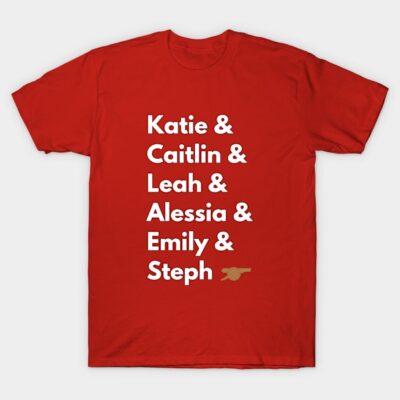Red T-shirt with bold white text design featuring multiple names. Casual style, ideal for everyday wear. Cotton material.