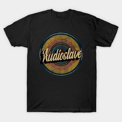 Black t-shirt with vintage-style circular graphic and text design, suitable for casual wear. Cotton material.