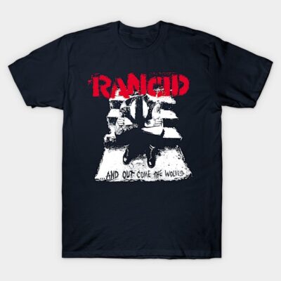 Black cotton t-shirt featuring bold red and white graphic design with text, casual style for music enthusiasts.