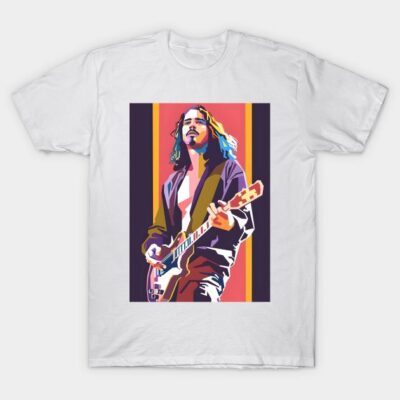 White cotton T-shirt with colorful abstract musician print, casual wear, unisex, perfect for music lovers.