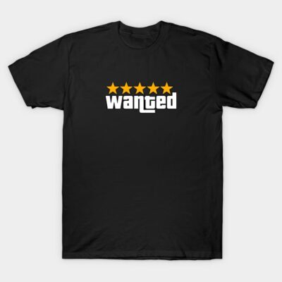 Black cotton T-shirt with "Wanted" text and star design, casual style for everyday wear.