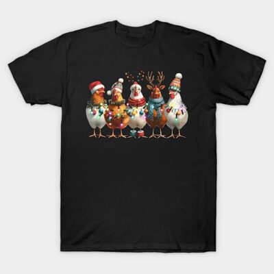 Black Christmas-themed T-shirt with festive chickens design, featuring colorful lights and winter hats, perfect for holidays.