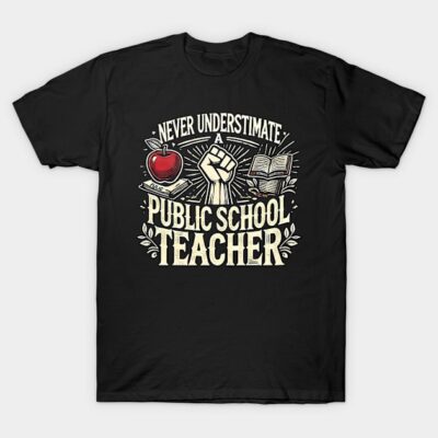 Black T-shirt with "Never Underestimate a Public School Teacher" graphic, featuring a fist, apple, and book design.