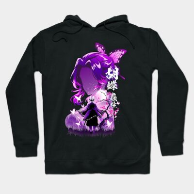 Black hoodie with purple butterfly and character design, featuring Japanese text, ideal for casual wear.