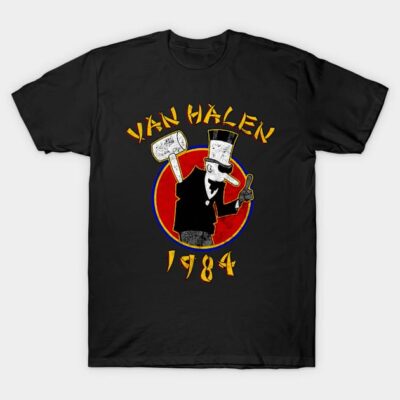 Black graphic t-shirt, Van Halen 1984 design, casual style, cotton material, unisex fit, vintage rock band theme.