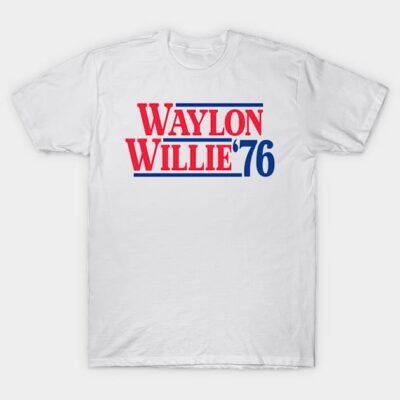 White t-shirt with "Waylon Willie '76" red and blue graphic, casual style, soft cotton material.