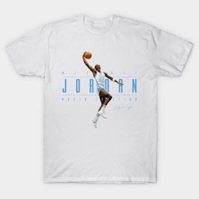 White basketball-themed graphic t-shirt, featuring a player silhouette and bold blue typography. Casual cotton apparel.