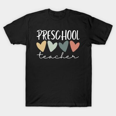 Black cotton t-shirt with "Preschool Teacher" text and colorful heart design, perfect for educators.