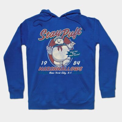 Blue Stay Puft Marshmallows hoodie with retro graphic, cozy cotton material, perfect for casual wear.