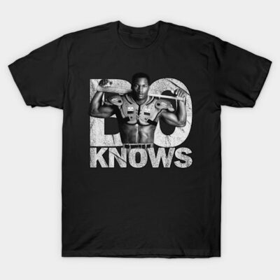 Black graphic T-shirt with bold "BO KNOWS" text and athletic imagery, casual style, cotton material.