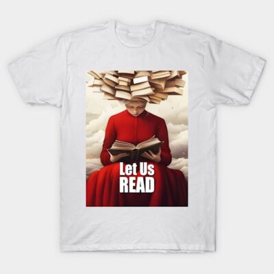 White t-shirt with "Let Us Read" graphic, featuring a person in red dress with books. Ideal for book lovers.