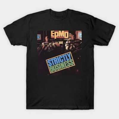 Black t-shirt with "Strictly Business" graphic design, featuring bold text and vibrant colors, casual wear.