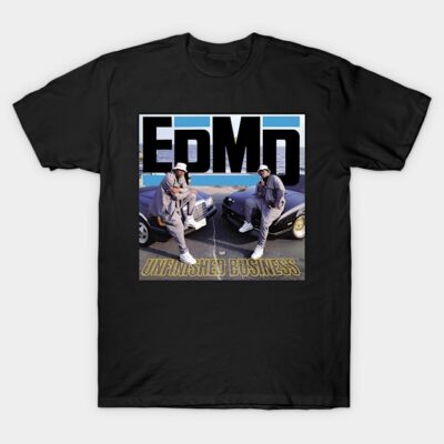 Black T-shirt with retro car graphic and bold typography, "Unfinished Business," perfect for casual wear.