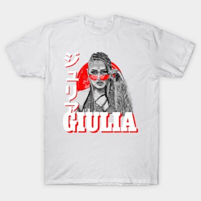 White graphic t-shirt with bold red and black design featuring text "GIULIA" and Japanese characters. Casual wear.