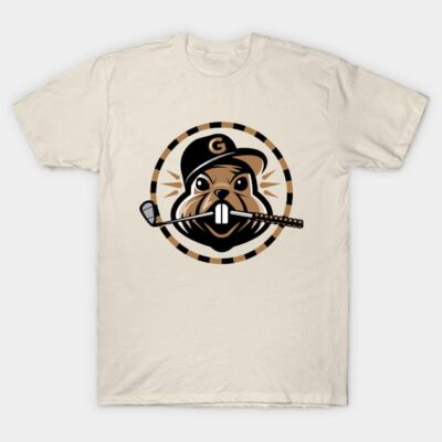 Cream t-shirt with cartoon groundhog graphic, wearing cap, biting golf club. Casual wear, cotton material.