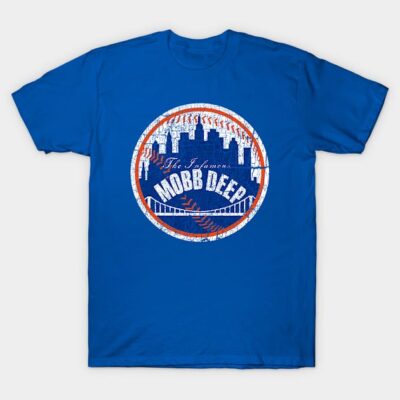 Blue graphic T-shirt with urban skyline design, featuring bold text, ideal for casual wear. Cotton material, unisex style.