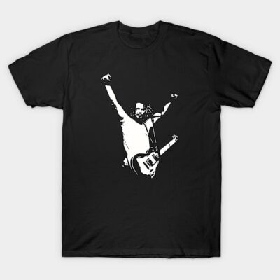 Black graphic t-shirt with electric guitar illustration, casual wear, 100% cotton, unisex style.