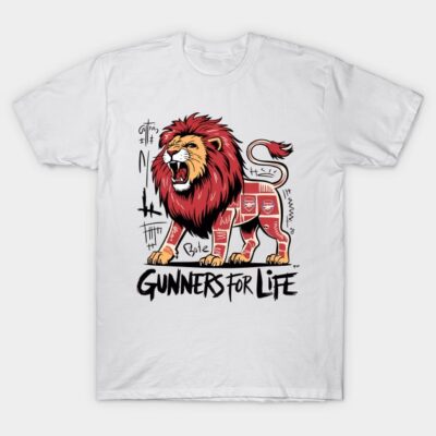 White "Gunners for Life" t-shirt featuring a bold lion graphic, perfect for sports fans. Casual, comfortable cotton tee.